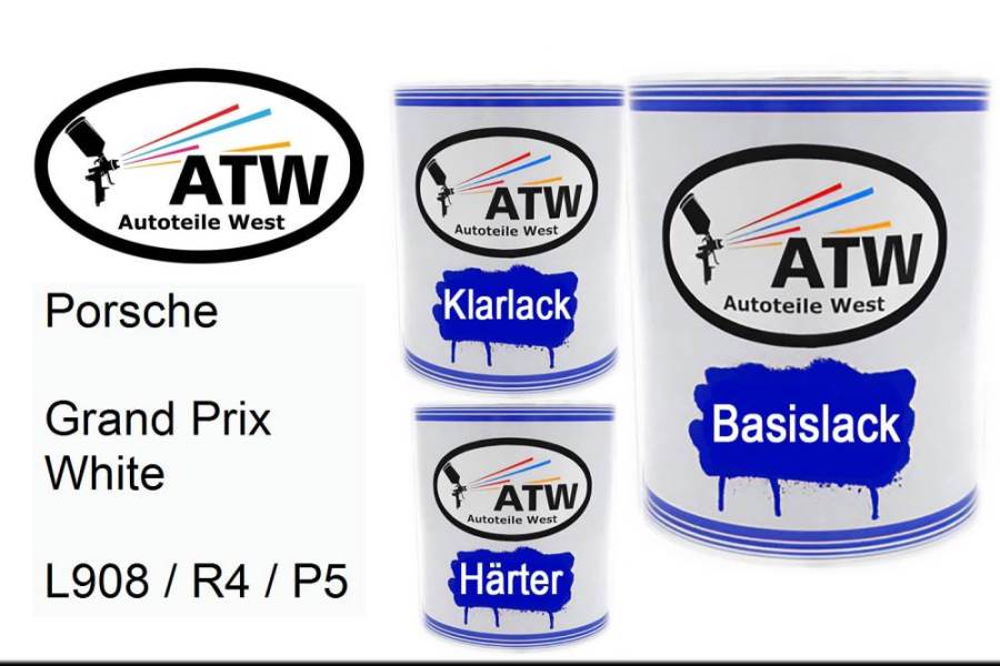 Porsche, Grand Prix White, L908 / R4 / P5: 1L Lackdose + 1L Klarlack + 500ml Härter - Set, von ATW Autoteile West.